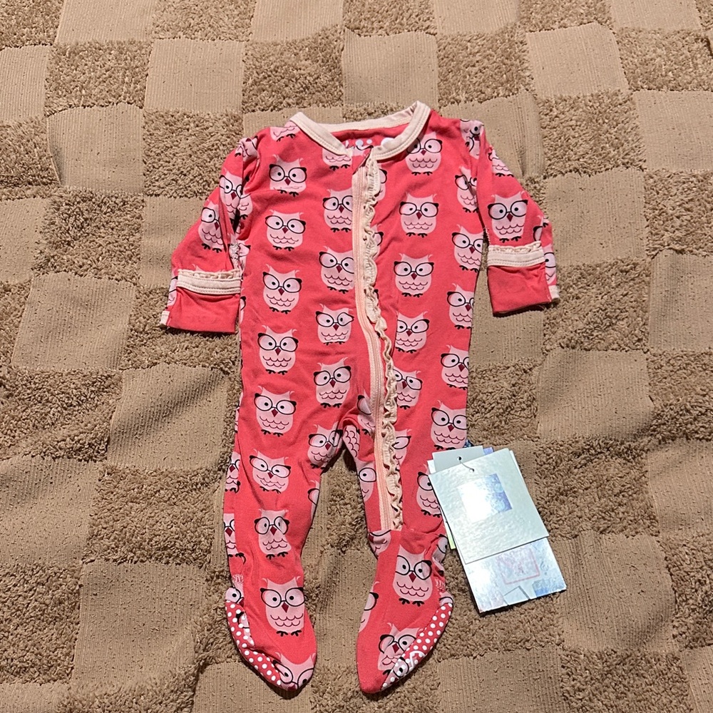 Kickee Pants Owl Print Footie - Red and Cream